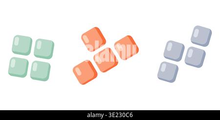 A set of three groups of colorful pixel style game blocks with slightly rounded edges, reminiscent of retro portable game. The pastel green, orange, a Stock Vector
