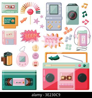 A massive collection of colorful vector cartoon icons and elements representing 90s and Y2K pop culture and technology. Includes boombox, cassette tap Stock Vector