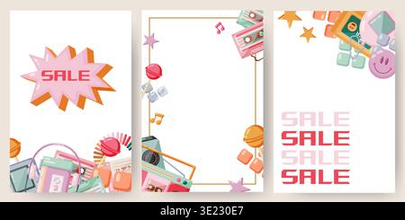 A dynamic set of three vertical flyer templates with SALE in bold letters. Borders and backgrounds feature colorful 90s retro items like cassette tape Stock Vector