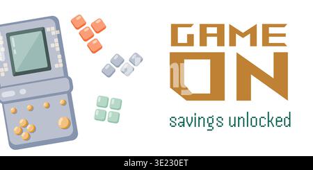 A cool banner with the phrase GAME ON in pixel style font next to a retro handheld video game console and small square elements. Ideal for gaming, e-s Stock Vector
