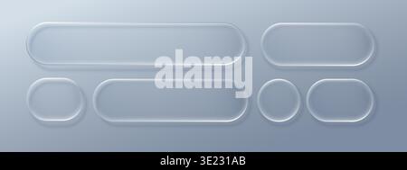 Transparent glass buttons with glossy liquid effect. Modern 3D UI elements featuring frosted frames, light gradients, and sleek geometric shapes for Stock Vector