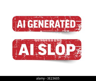 Red grungy rubber stamp icons featuring AI generated and AI slop text. This set of two stamps highlights the contrast between AI generated content and Stock Vector