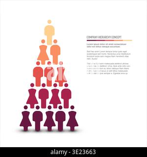 A company hierarchy concept illustrated by a pyramid of people icons. This people pyramid follows a corporate structure representing a professional co Stock Vector