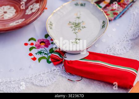 Artisancrafted Porcelain Dish Elegantly Paired With Textured Textile Elements And Lace Stock Photo