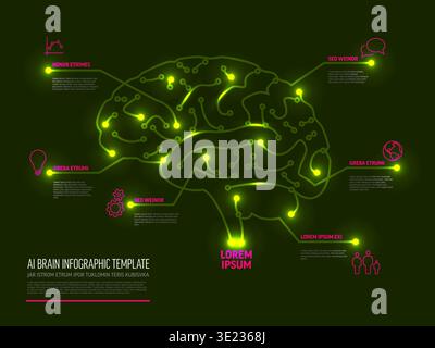 An artificial intelligence AI brain infographic featuring digital circuits and glowing nodes. This AI brain design shows neural network connections fo Stock Vector