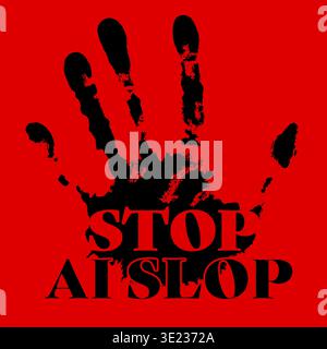 A bold stop ai slop protest graphic featuring a black handprint on a red background. This stop ai slop message calls for human creativity over low-qua Stock Vector