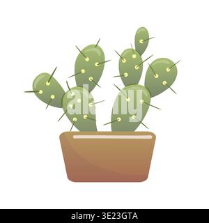 Minimalist flat vector illustration of a prickly pear cactus with round green pads and sharp spines, clean geometric lines, isolated on white Stock Vector