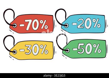 Discount icons set -70%, -50%, -30%, -20% sale labels collection Stock Vector