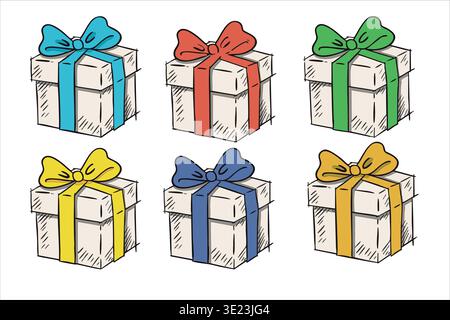 Gift boxes set with bows, colorful holiday present illustration collection Stock Vector