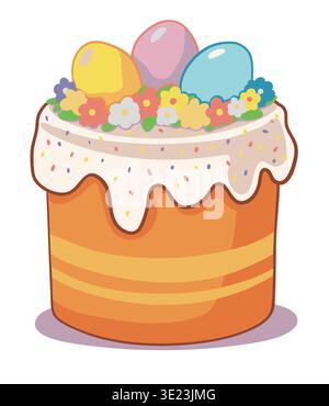 Easter cake with decorated eggs and flowers, colorful festive illustration Stock Vector