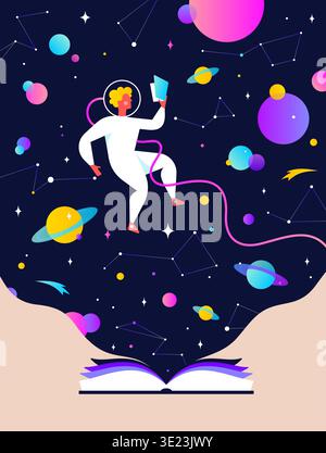 Book, Imagination, Dreams. Cosmos story, space imagination Stock Vector