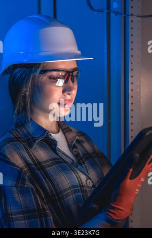 Electrician inspecting electrical switchboard using tablet device. Technical system control. Stock Photo