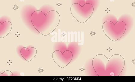 Y2K aesthetic blurry pink hearts pattern. Trendy gradient aura love background Stock Vector