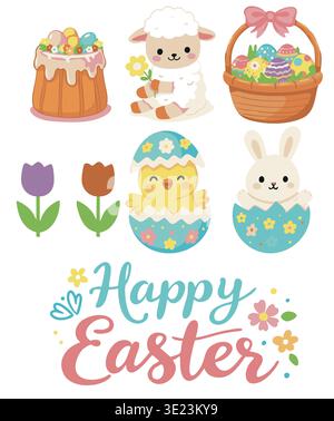Happy Easter colorful set with chicks, eggs, bunny, lamb and traditional cake illustration Stock Vector