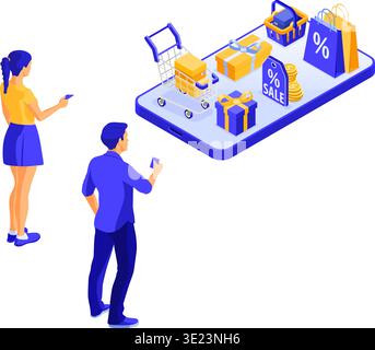 Isometric online shopping, delivery, logistics concept. people buy online via smartphone with bag, delivery goods, gift, shield, cart, credit card. 24 Stock Vector