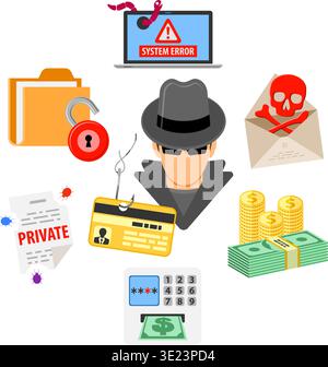 Cyber Crime Concept with Flat Icons for Flyer, Poster, Web Site on Theme Phishing. Stock Vector