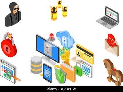 Cyber crime and data hacking and protection concept with isometric flat icons like shield, fingerprint, antivirus, hacker, safe and flasher. vector il Stock Vector