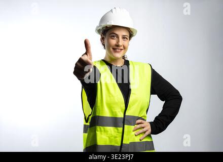 Female engineer or architect wearing safety gear, showing success and approval Stock Photo