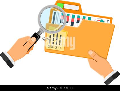 Auditing, Tax Process, Accounting Concept. Auditor Holds Folder and Magnifier in Hand and Checks Financial Report with Charts. Flat Style Icons. Isola Stock Vector