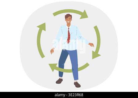 Businessman, rehabilitated after bankruptcy, steps through circle of green arrows Stock Vector