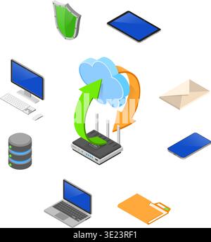 Data Network Cloud Computing Technology Isometric business concept with router, computer, laptop, tablet PC and phone icons. Storage, security and tra Stock Vector