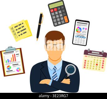 Auditing, Tax, Accounting Concept. Auditor Holds Magnifying Glass in Hand and Checks Financial Report with Charts, Calculator and Smartphone. Flat Sty Stock Vector