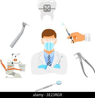 Dental Clinic Concept with flat icons dentist chair, dentist doctor, braces, cartridge syringe and dental tools. isolated vector illustration Stock Vector