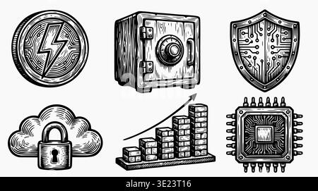 A professional collection of financial technology and digital security illustrations in a classic engraving style. Stock Vector