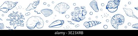 Blue seashells and starfish set sketch hand drawn seamless border coastal horizontal pattern. Summer vacation design elements for trendy prints, . Vector illustration Stock Vector