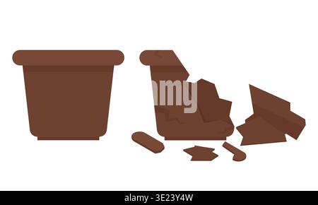 Brown flower pot and broken terracotta pot set isolated on white Stock Vector