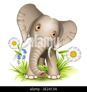 Little expressive elephant standing on grass with flowers Stock Vector