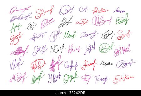 Signatures set. Fictitious handwritten signatures for signing documents on white background. Hand drawn. Not AI, vector illustration. Stock Vector