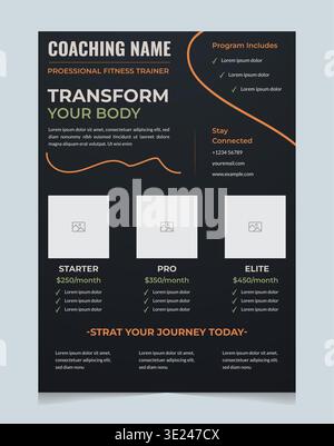 Personal Trainer Flyer Template for Fitness Coaching Packages – Modern Gym Promotion Pricing Poster Layout Stock Vector