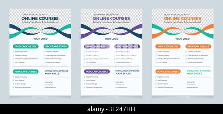 Online Course Flyer Template Set with 3 Color Variations – Modern Education Promotion Poster Design Stock Vector