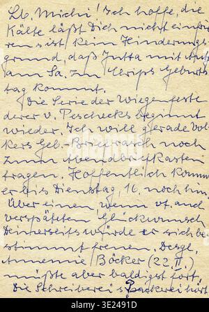 Fragment of an old handwritten letter, written in German. Vintage handwriting on a postcard, circa 1970s. Can be used for background Stock Photo