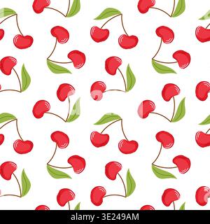 Seamless pattern with red cherry and green leaves in flat style. Repeating fruit background for textile design, wallpaper, packaging and summer theme. Stock Vector