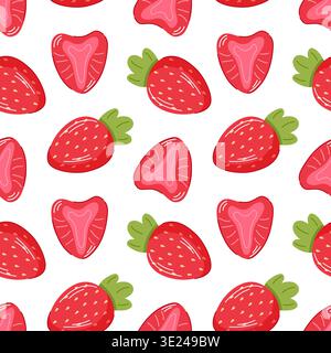 Seamless pattern with strawberry and slices in flat style. Repeating berry background for wallpaper, summer theme packaging and fresh food design. Stock Vector