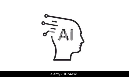 Black line artificial intelligence head icon with AI text and circuit lines Stock Vector