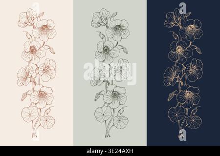 Set of three vertical floral borders with hand drawn nasturtium flowers. Vintage botanical line art illustration in different color palettes. Isolated Stock Vector