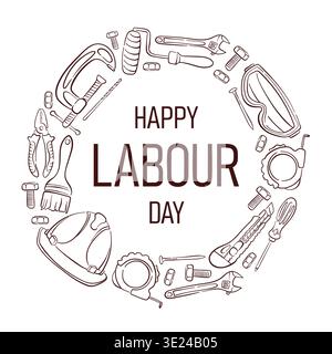 Happy Labour Day greeting card with line art style repair tools. Minimal illustration background for poster, banner and celebration design. Stock Vector