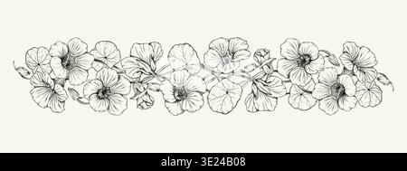 Hand drawn vintage botanical horizontal border with nasturtium flowers and leaves. Black and white line art vector illustration isolated on white Stock Vector