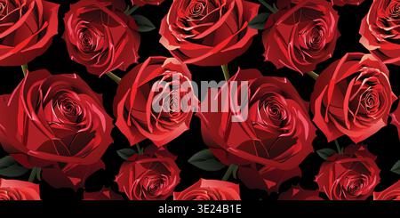 Red velvet blossoming roses floral seamless pattern print Stock Vector