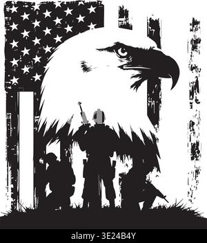 Bald Eagle Head With Three Soldiers Under Distressed American Flag Stock Vector
