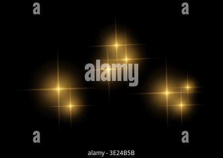Golden sparkle lights, flashing lights, light effects, sunlight lens flare, glowing ray beams, sparkling starsicon on black background. Stock Vector
