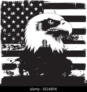 Bald Eagle Head With Soldier Silhouette Against Distressed American Flag Background Stock Vector
