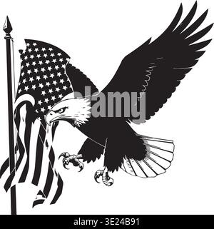 Bald Eagle Soaring Past American Flag On Flagpole Vector Art Stock Vector