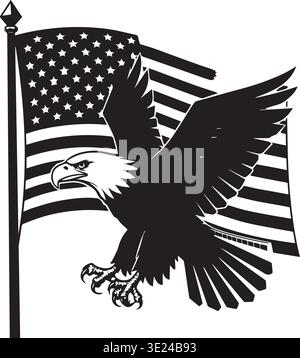 Bald Eagle Flying Before American Flag On Flagpole Vector Illustration Stock Vector
