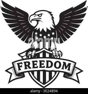 Patriotic Bald Eagle Perched On Shield With Freedom Banner Emblem Stock Vector