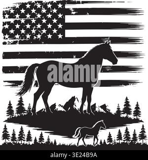 Patriotic Horse Silhouette With Distressed American Flag And Mountain Landscape Scene Stock Vector