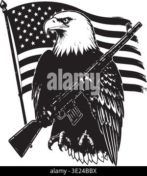 Bald Eagle Holding Rifle With American Flag Patriotic Emblem Stock Vector